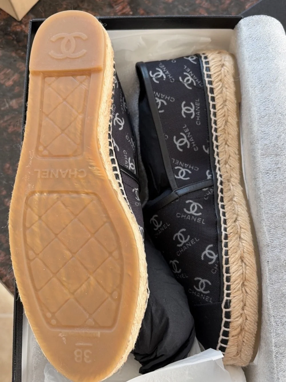Chanel CC Logo Mesh Espadrilles Black White Size 38 G34673 Box Receipt
